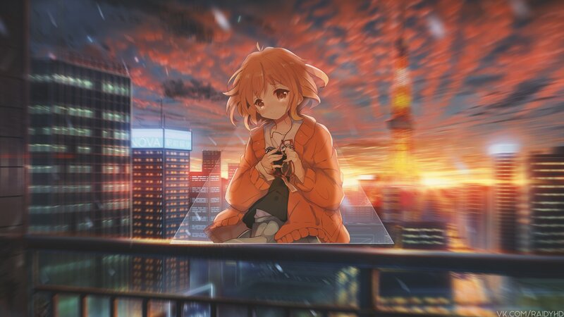 Anime Girl on Balcony — Orange, Dramatic, Sunset