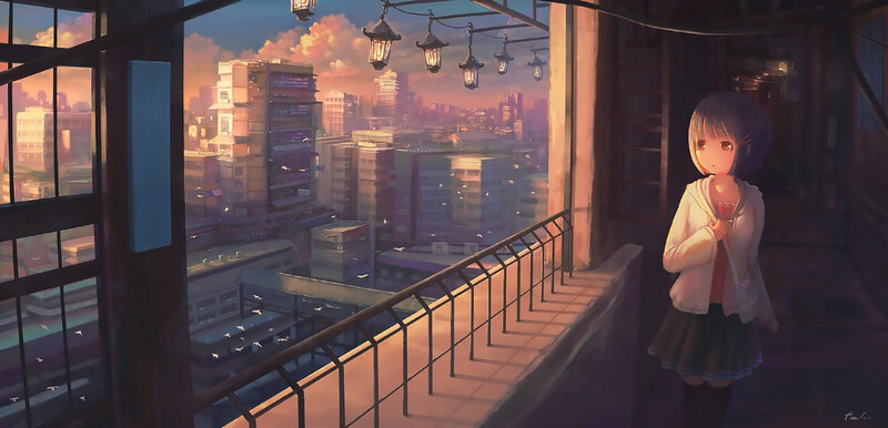 Anime Girl on Balcony — Orange, Serene, Sunset, Digital Art