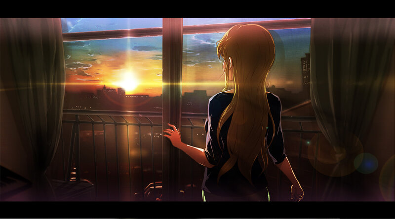 Anime Girl on Balcony — Orange, Serene