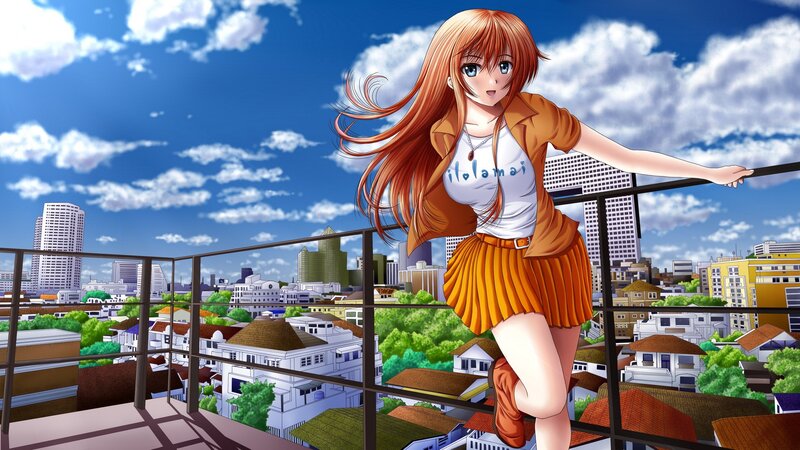 Anime girl on balcony overlooking city