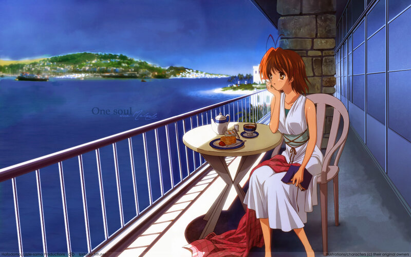 Anime girl on balcony overlooking sea