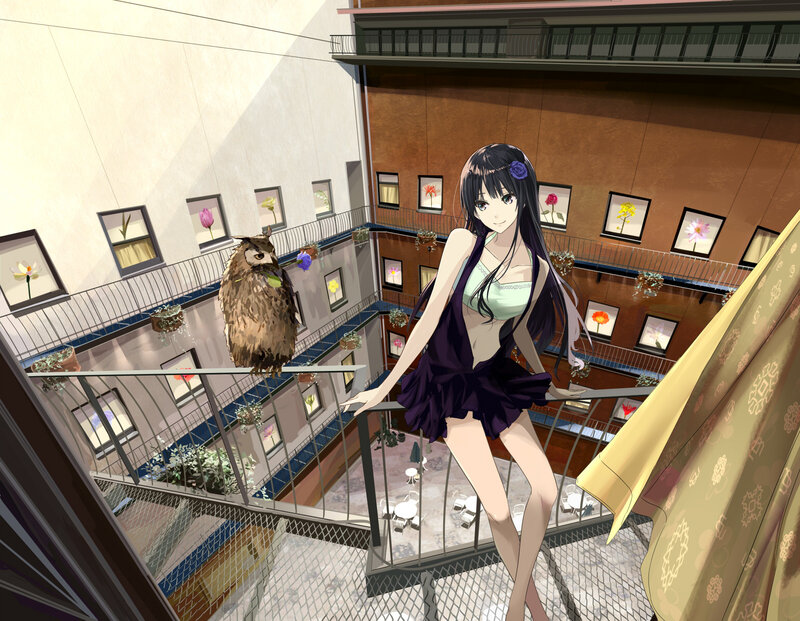 Anime Girl on Balcony — Purple, Calm, Afternoon