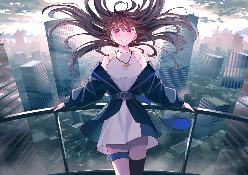 Anime Girl on Balcony — Purple, Dramatic, Sunset, Cityscape, Skyscrapers