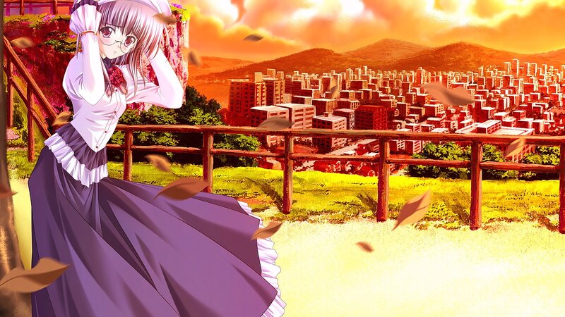 Anime Girl on Balcony — Purple, Dramatic, Sunset, Cityscape