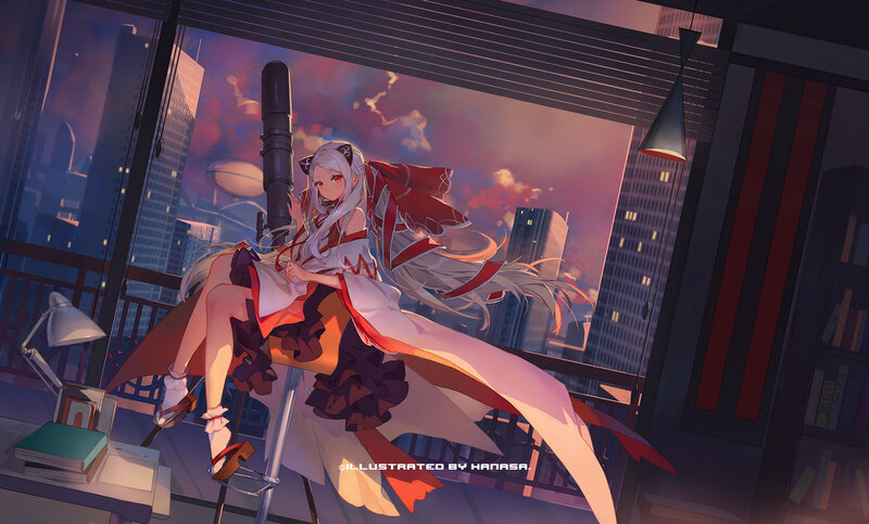 Anime Girl on Balcony — Purple, Dramatic, Sunset, Digital Art