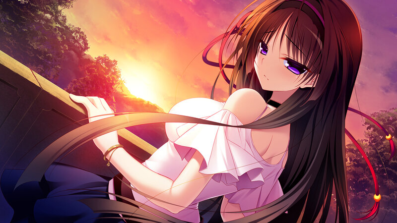 Anime Girl on Balcony — Purple, Dramatic, Sunset, Trees