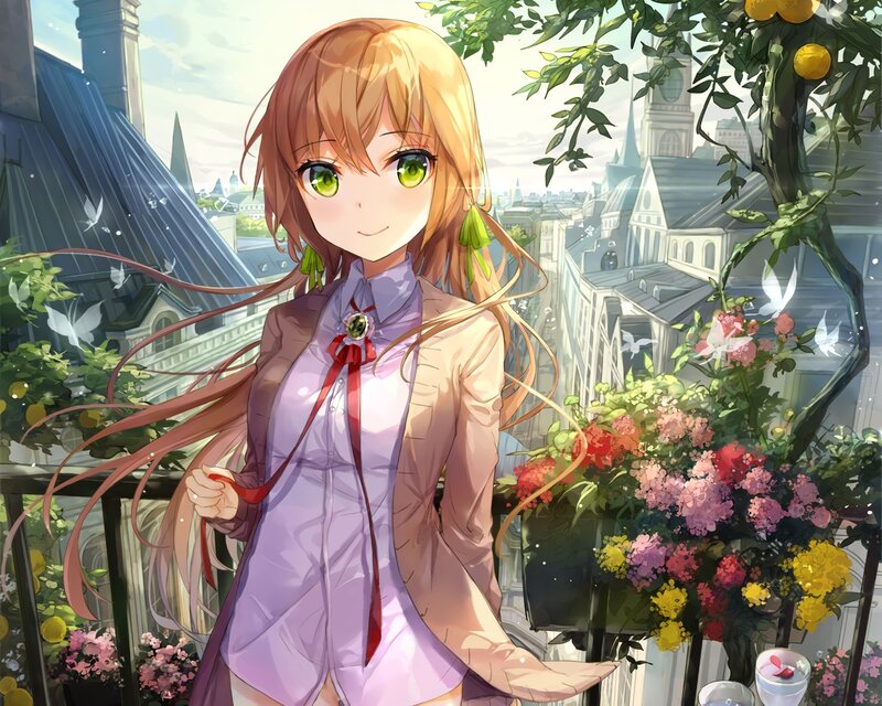 Anime Girl on Balcony — Purple, Serene, Afternoon