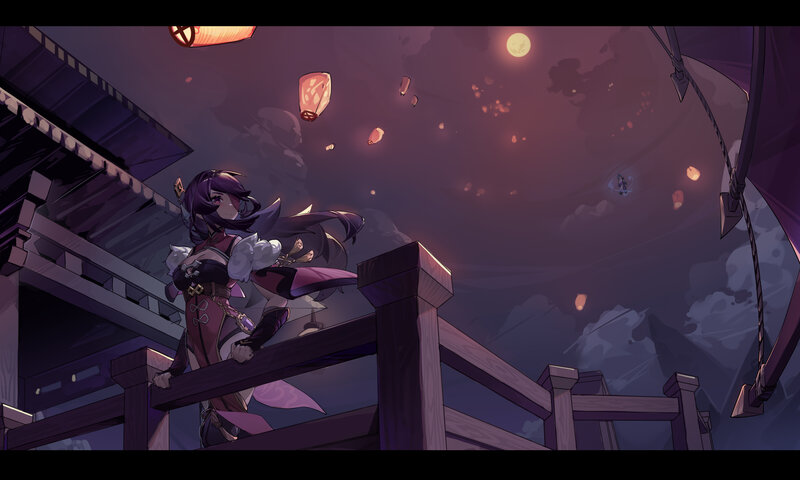Anime Girl on Balcony — Purple, Serene, Night, Digital Art, Lanterns