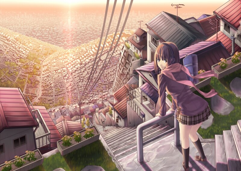Anime Girl on Balcony — Purple, Serene, Sunset, Cityscape