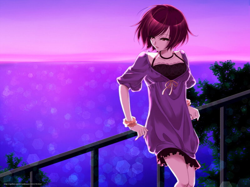 Anime Girl on Balcony — Purple, Serene, Sunset, Digital Art, Trees