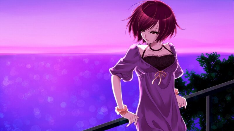 Anime Girl on Balcony — Purple, Serene, Sunset, Ocean