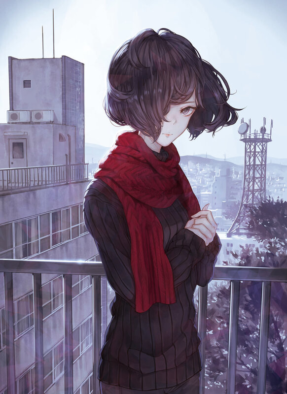 Anime Girl on Balcony — Red, Contemplative