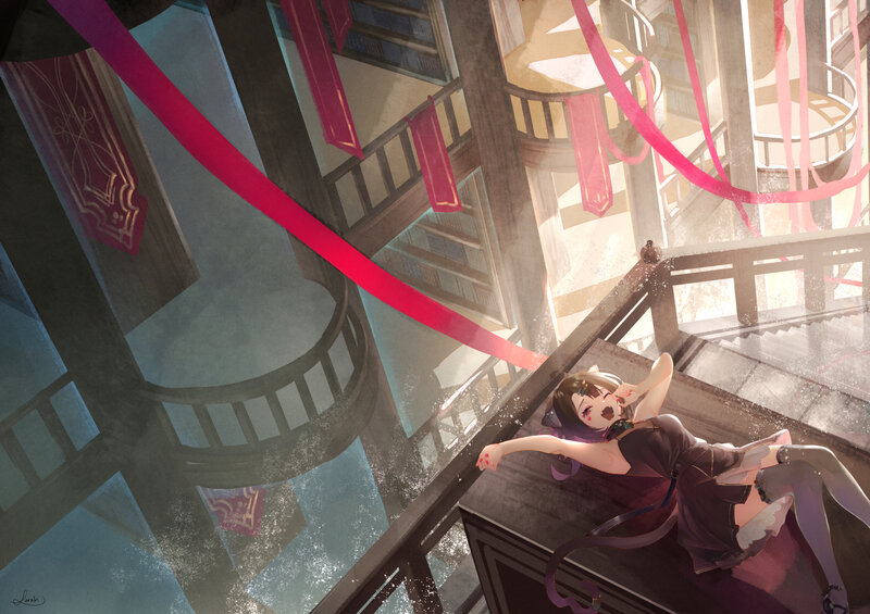 Anime Girl on Balcony — Red, Dramatic, Afternoon