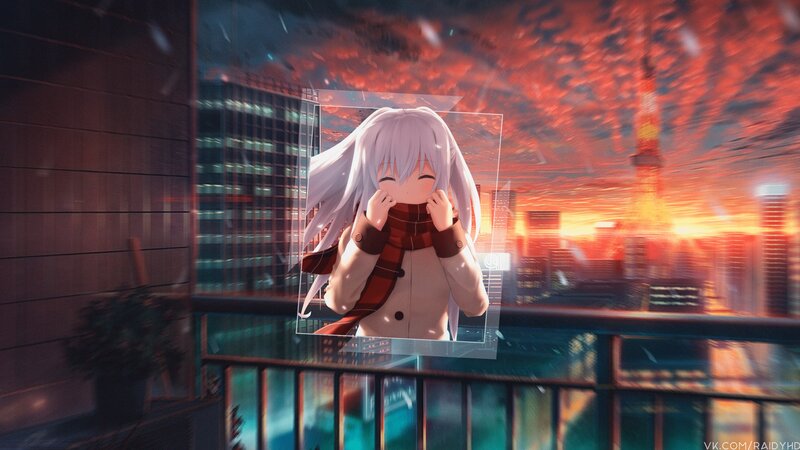 Anime Girl on Balcony — Red, Dramatic, Sunset