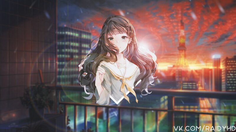 Anime Girl on Balcony — Red, Dramatic