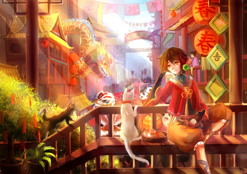 Anime Girl on Balcony — Red, Festive