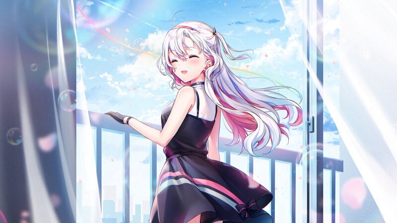 Anime Girl on Balcony — White, Serene, Afternoon, Digital Art, Bubbles