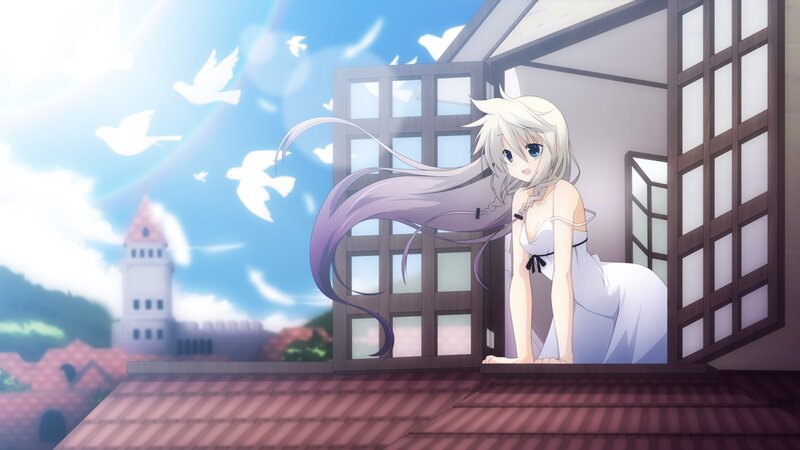 Anime Girl on Balcony — White, Serene, Morning, Birds