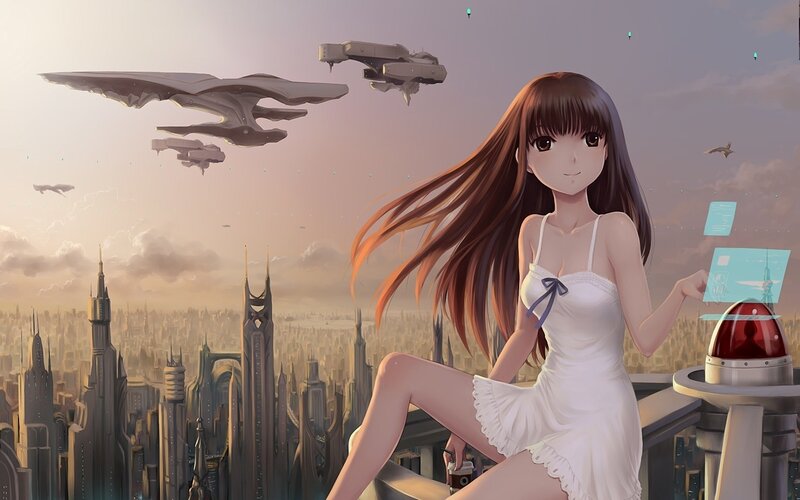 Anime Girl on Balcony — White, Serene, Sunset