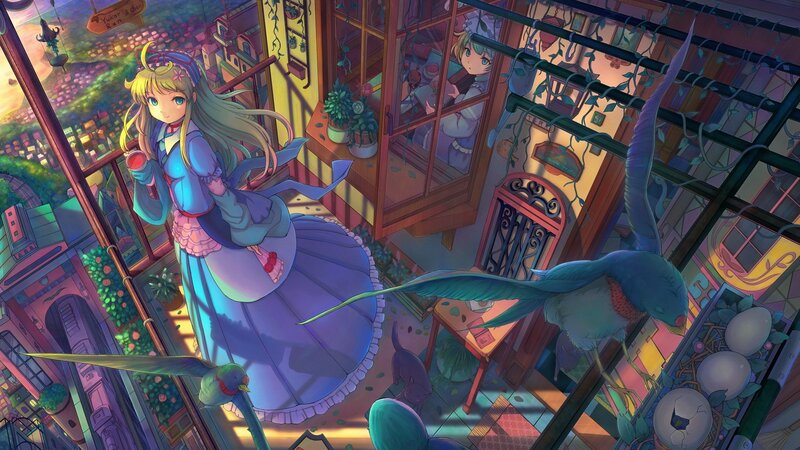 Anime girl on balcony with birds