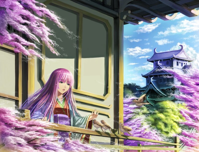 Anime girl on balcony with birds