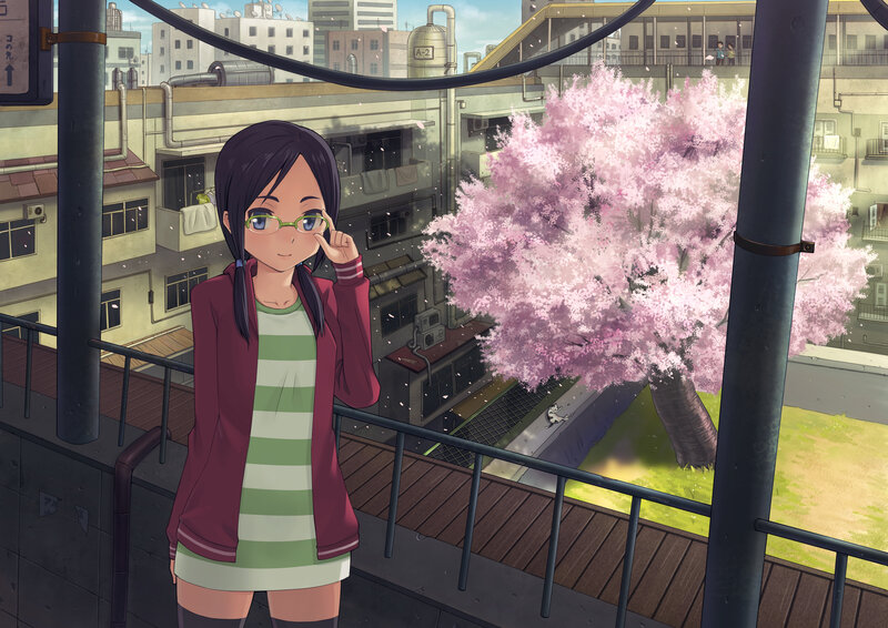 Anime girl on balcony with cherry blossom