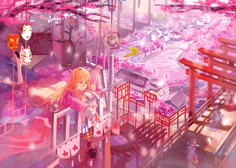 Anime girl on balcony with cherry blossoms