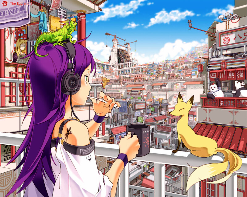Anime girl on balcony with fox