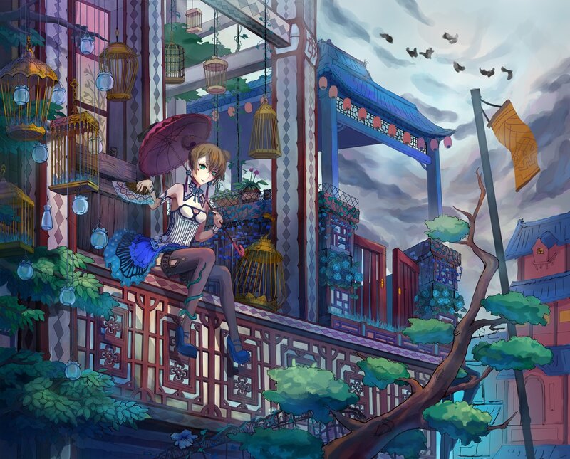 Anime girl on balcony with lanterns