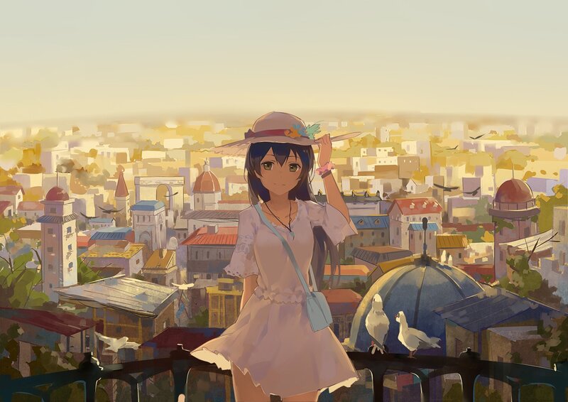 Anime Girl on Balcony — Yellow, Serene