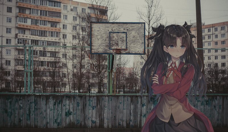 Anime Girl on Basketball Court — Gray