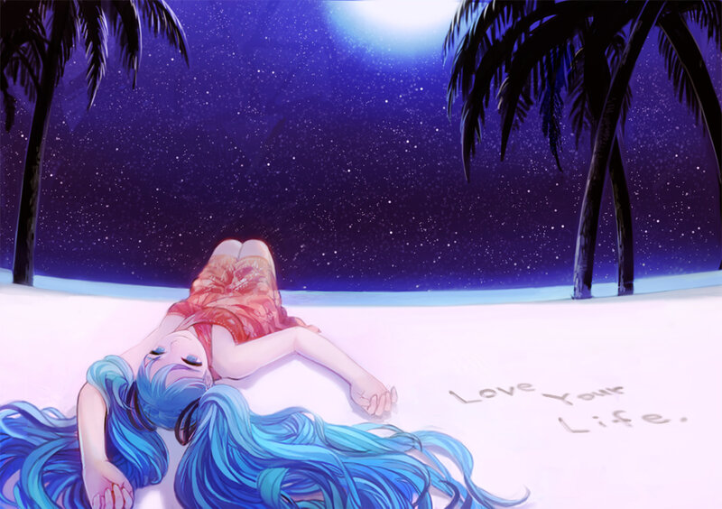 Anime girl on beach at night