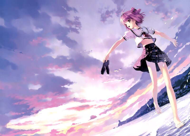 anime girl on beach at sunset