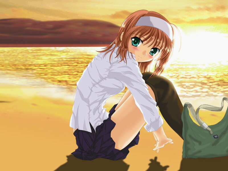 anime girl on beach at sunset