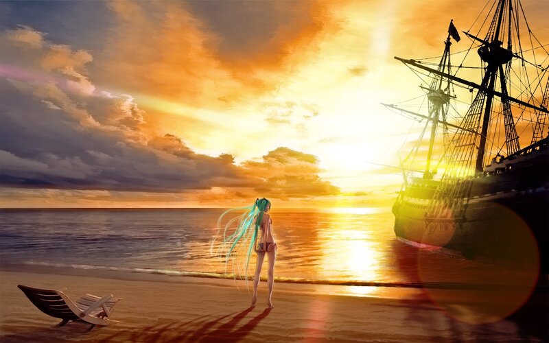 Anime girl on beach at sunset