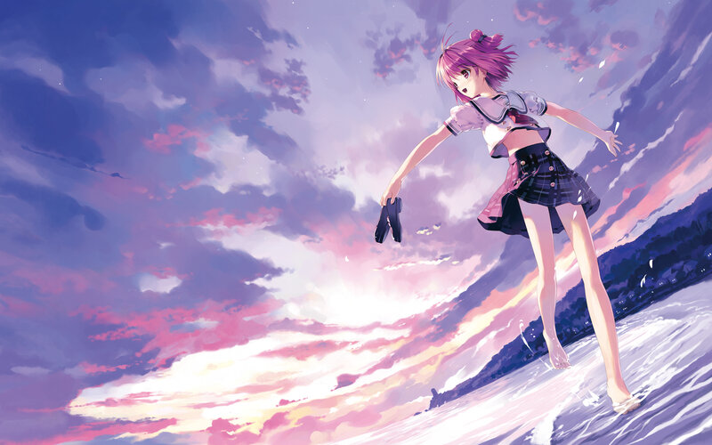 anime girl on beach at sunset