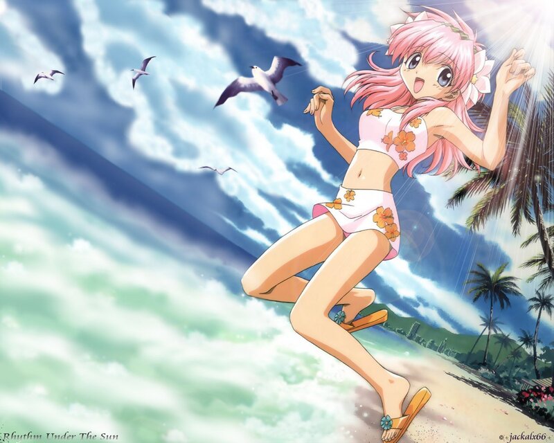 Anime girl on beach at sunset