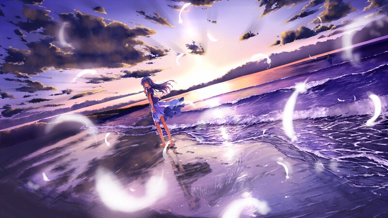 Anime girl on beach at sunset