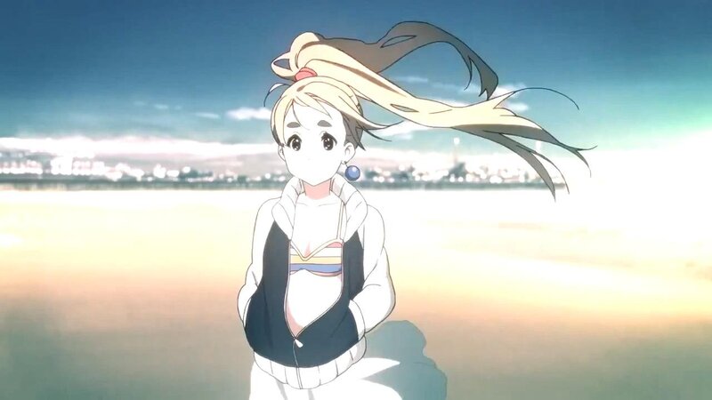 anime girl on beach at sunset