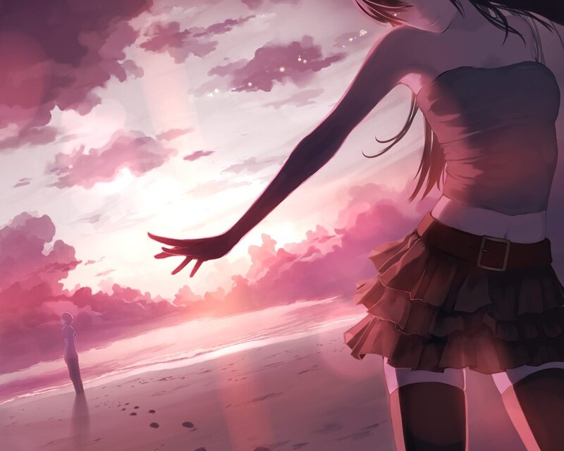 Anime girl on beach at sunset