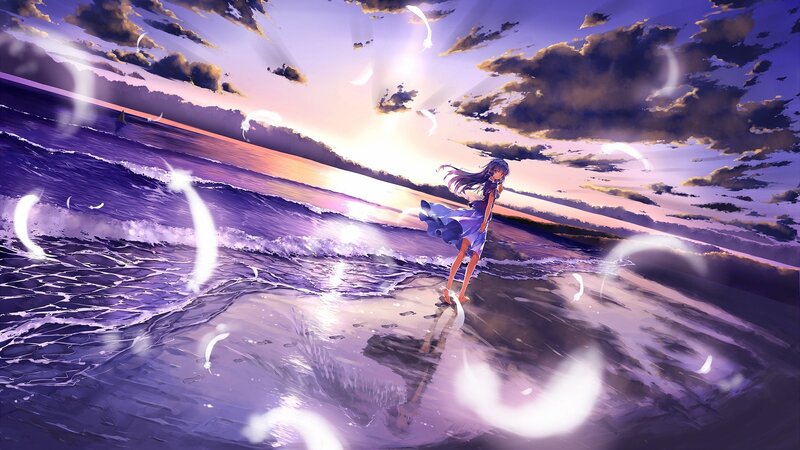 Anime girl on beach at sunset