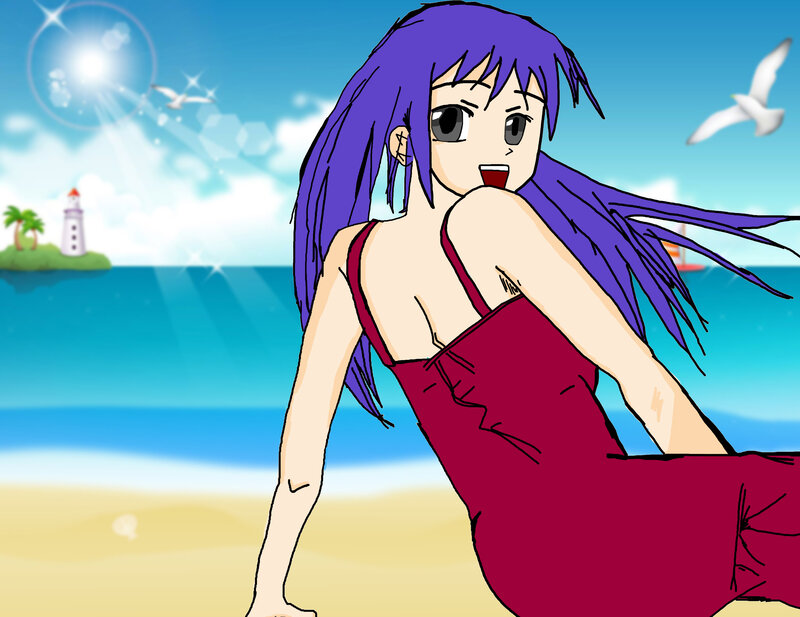 Anime Girl on Beach — Blue, Bright