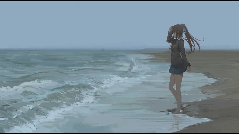 Anime Girl on Beach — Blue, Calm, Digital Art, Ocean, Sand