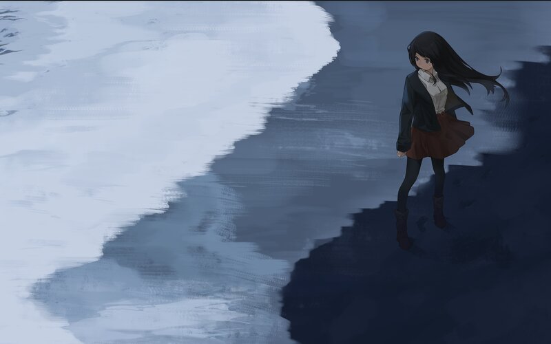 Anime Girl on Beach — Blue, Calm, Night