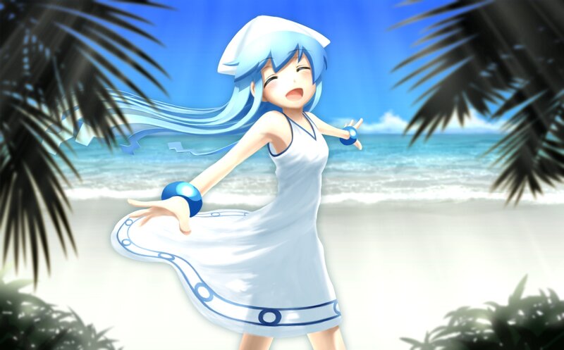 Anime Girl on Beach — Blue, Cheerful