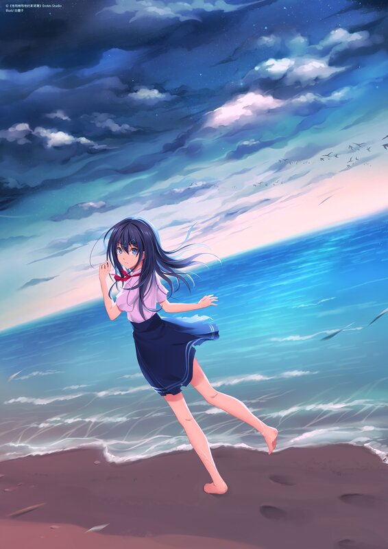 Anime Girl on Beach — Blue, Dramatic