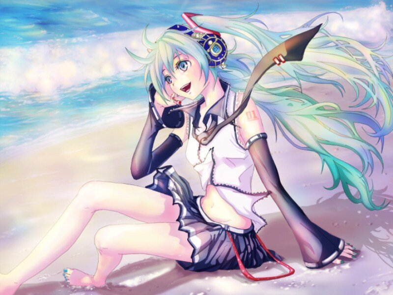Anime Girl on Beach — Blue, Playful, Afternoon, Digital Art