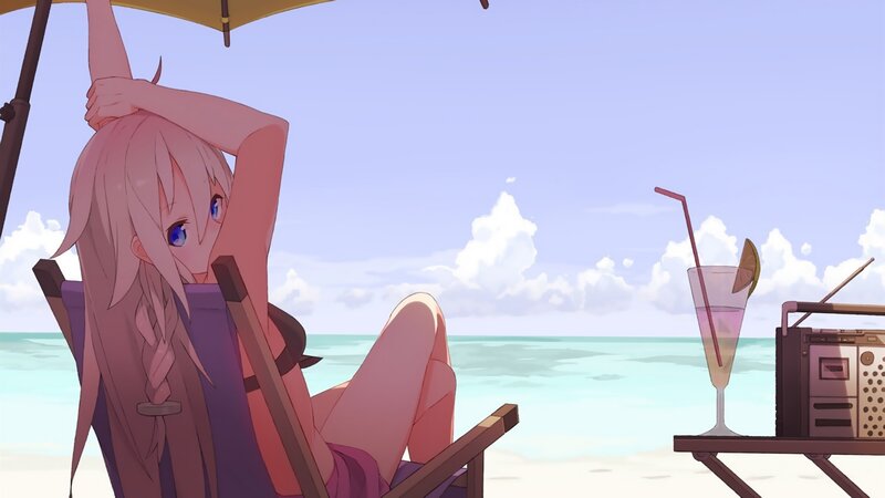 Anime Girl on Beach — Blue, Relaxed, Afternoon, Beach Chair