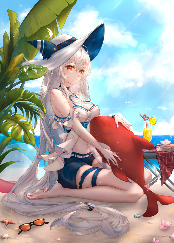 Anime Girl on Beach — Blue, Relaxed, Afternoon, Digital Art, Palm Tree, Drink