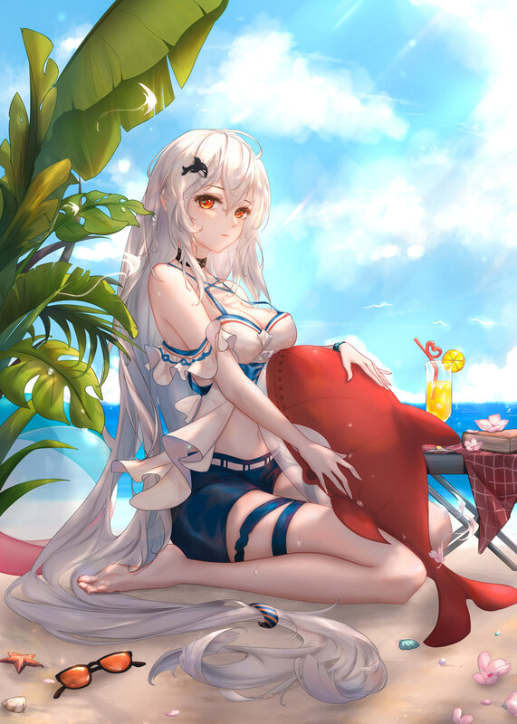 Anime Girl on Beach — Blue, Relaxed, Afternoon, Digital Art, Palm Tree